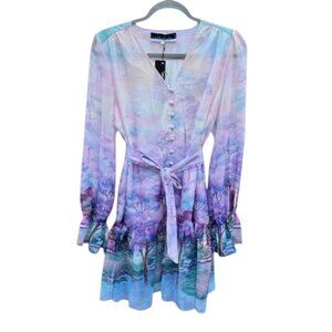 DALIA MACPHEE Purple Multi Floral Button Down Dress Long Sleeve Ruffled Sz Large
